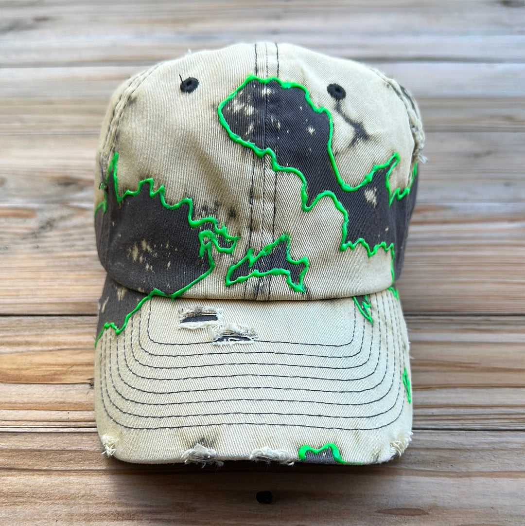 Dark Gray x Fluorescent Green Bleachy Dad Hat