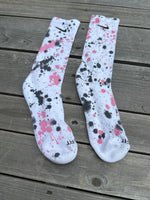 Load image into Gallery viewer, Black &amp; Pink Paint Splattered Socks
